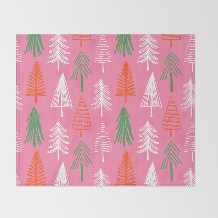 Pink christmas pine tree doodle pattern Throw Blanket Gallery Image 2