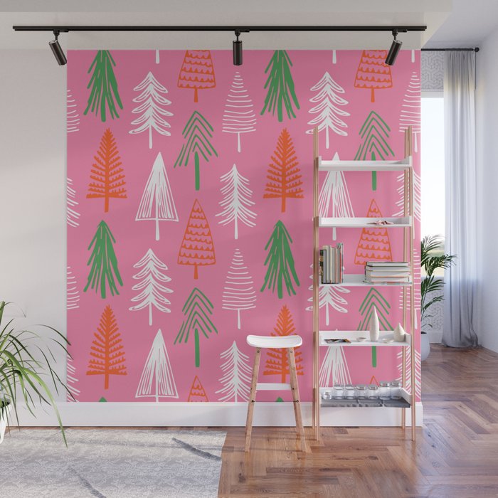 Pink christmas pine tree doodle pattern Wall Mural Gallery Image 1
