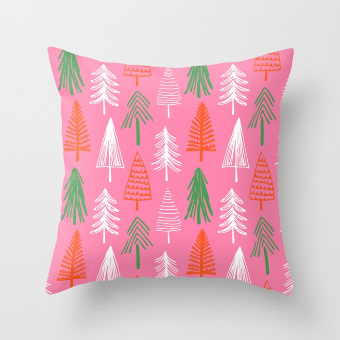 Pink christmas pine tree doodle pattern Throw Pillow Gallery Image 1