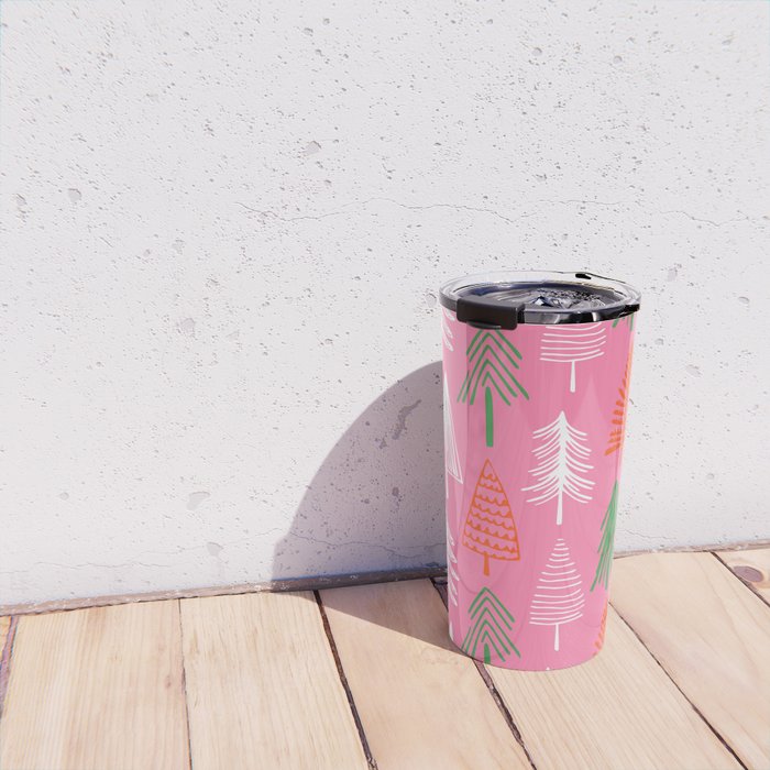 Pink christmas pine tree doodle pattern Travel Mug Gallery Image 4