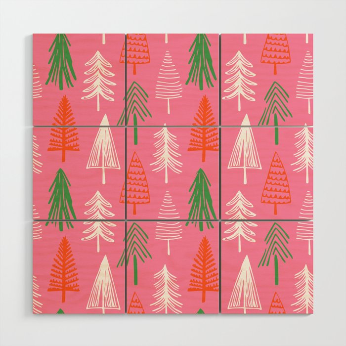 Pink christmas pine tree doodle pattern Wood Wall Art Gallery Image 1
