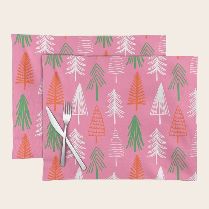 Pink christmas pine tree doodle pattern Placemat Gallery Image 1
