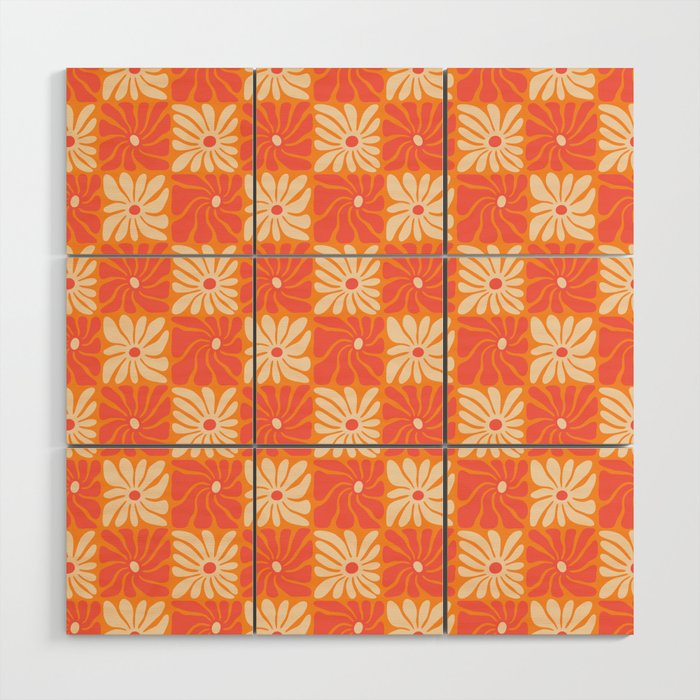 Retro checkered flower art pattern Wood Wall Art Gallery Image 1