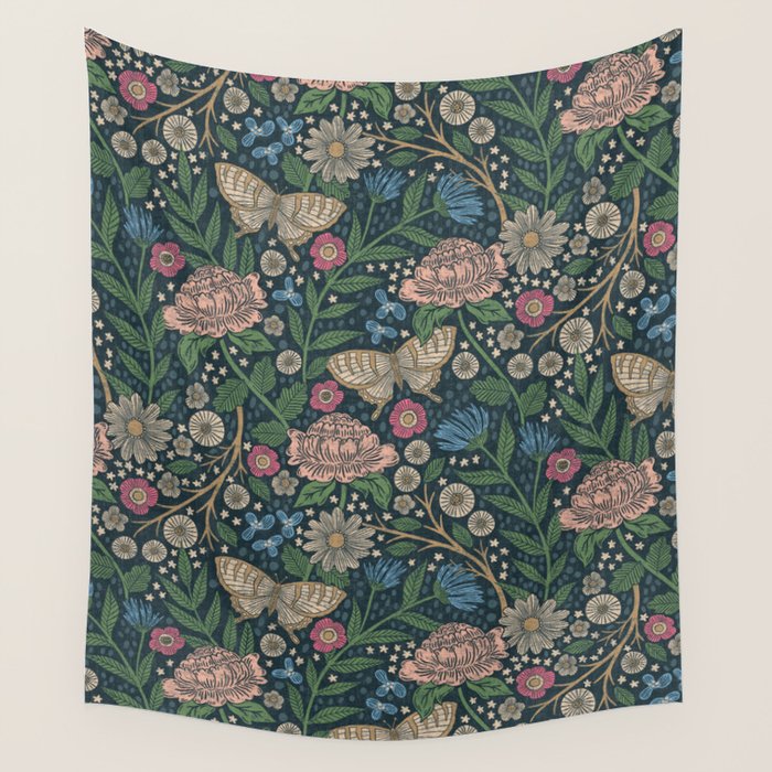 Heritage Wildflower Garden on Dark Blue Wall Tapestry Gallery Image 4