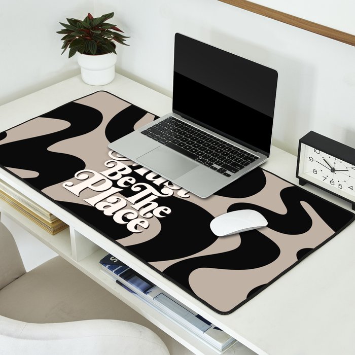 This Must Be The Place - 70s, Vintage, Retro, Abstract Pattern (Black & Beige) Desk Mat Gallery Image 2