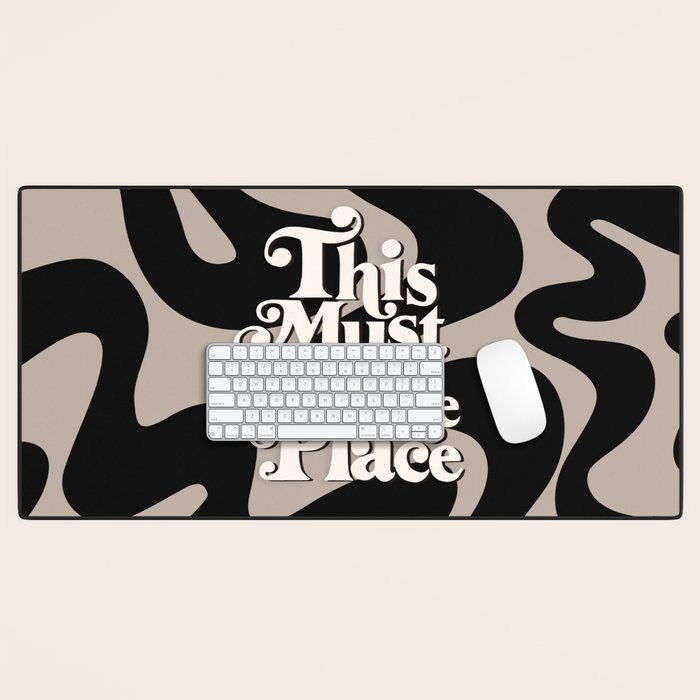 This Must Be The Place - 70s, Vintage, Retro, Abstract Pattern (Black & Beige) Desk Mat Gallery Image 1