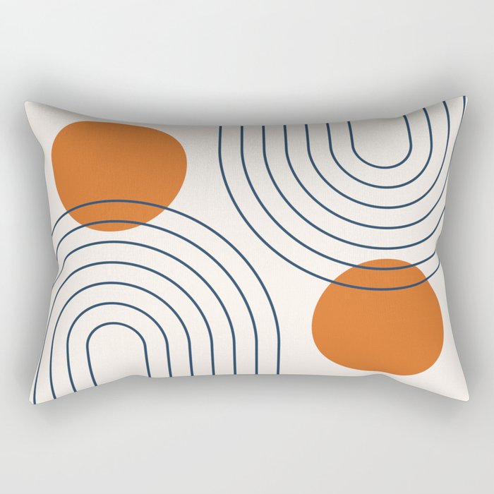 Mid Century Modern Geometric 88 in Navy Blue and Orange (Rainbow and Sun Abstraction) Rectangular Pillow Gallery Image 1
