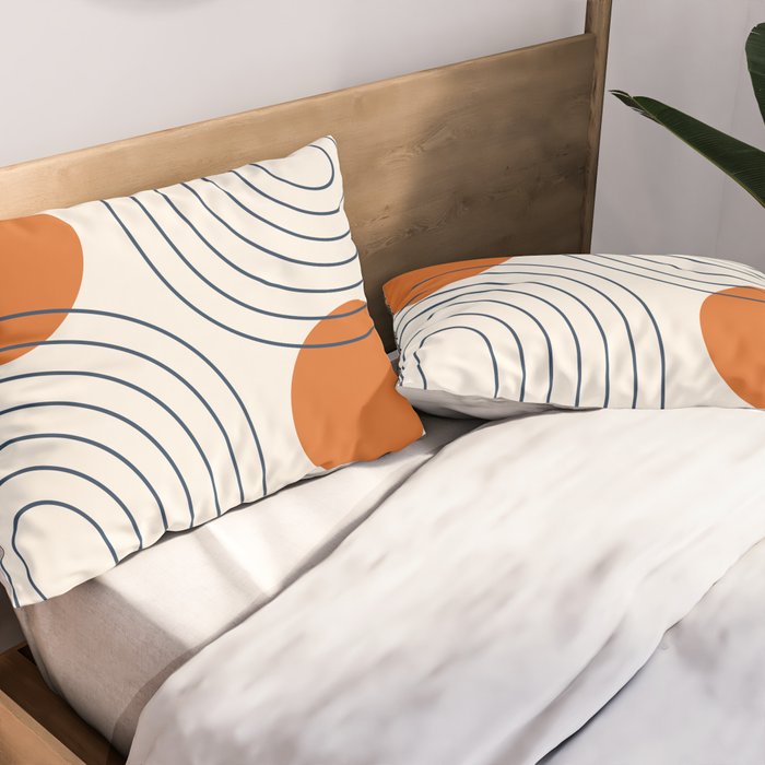 Mid Century Modern Geometric 88 in Navy Blue and Orange (Rainbow and Sun Abstraction) Pillow Sham Gallery Image 2