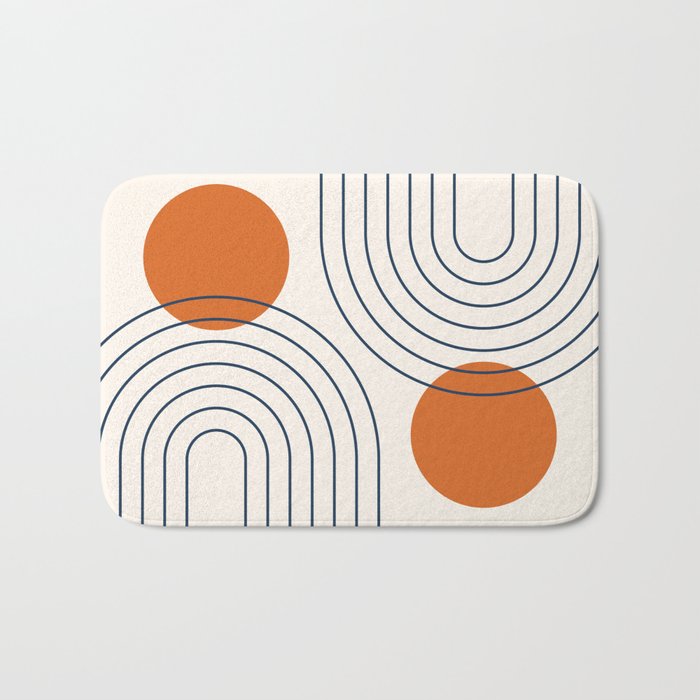 Mid Century Modern Geometric 88 in Navy Blue and Orange (Rainbow and Sun Abstraction) Bath Mat Gallery Image 1