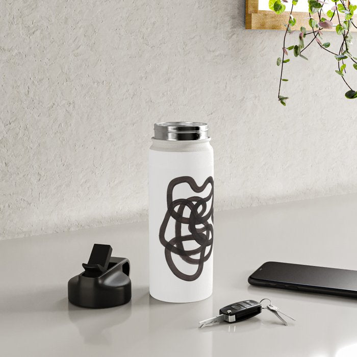 'Ink Memories' Minimalist Ink Line Drawing Abstract Black Brush Strokes Modern Funky Maze by Ejaaz Haniff Water Bottle Gallery Image 4