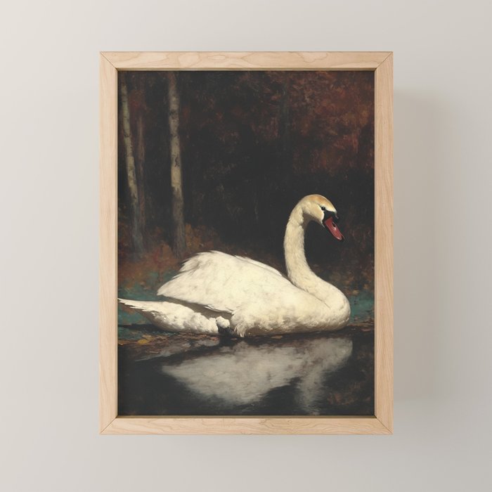 Elegant White Swan on Autumn Lake Romantic Vintage Mini Art Print Gallery Image 1