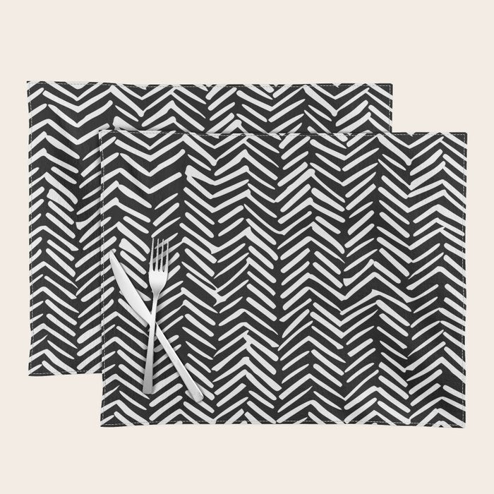 Boho, Herringbone, Geometric Art, Black and White Placemat Gallery Image 1
