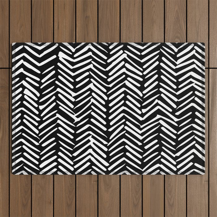 Boho, Herringbone, Geometric Art, Black and White Outdoor Rug Gallery Image 1
