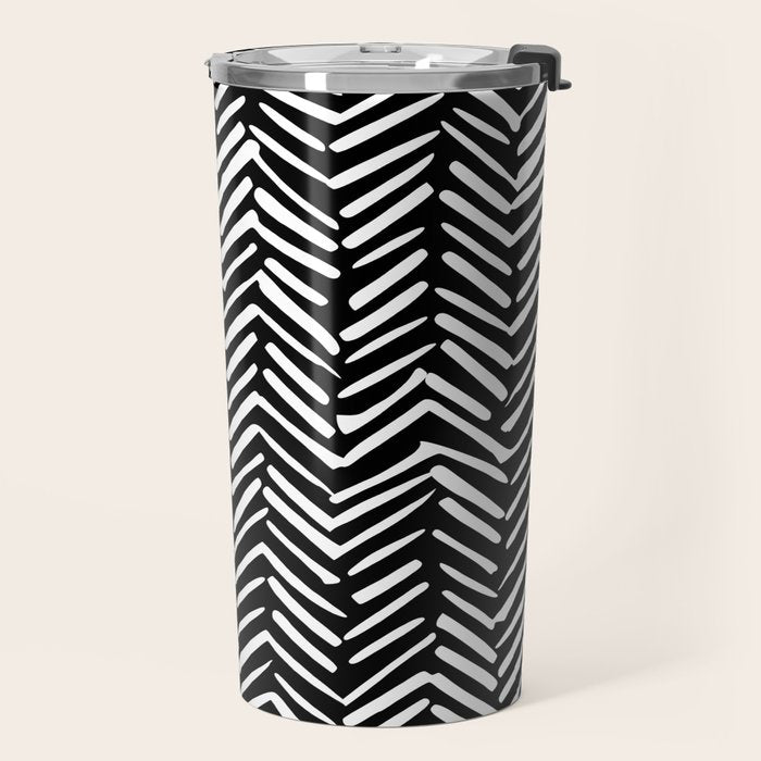 Boho, Herringbone, Geometric Art, Black and White Travel Mug Gallery Image 2