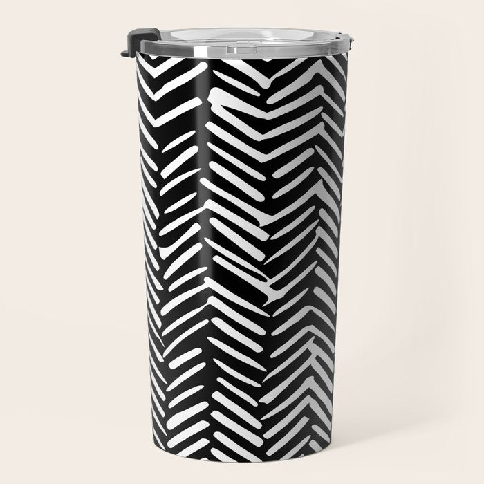 Boho, Herringbone, Geometric Art, Black and White Travel Mug Gallery Image 3
