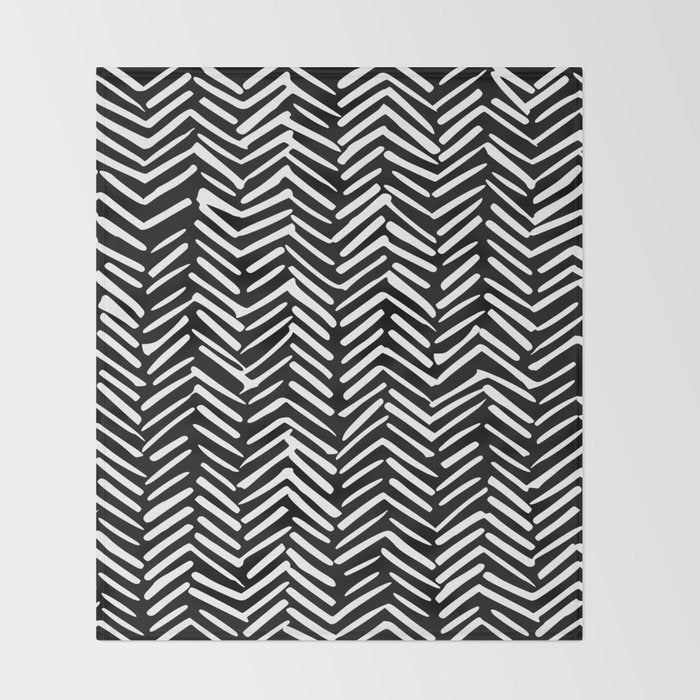 Boho, Herringbone, Geometric Art, Black and White Throw Blanket Gallery Image 2