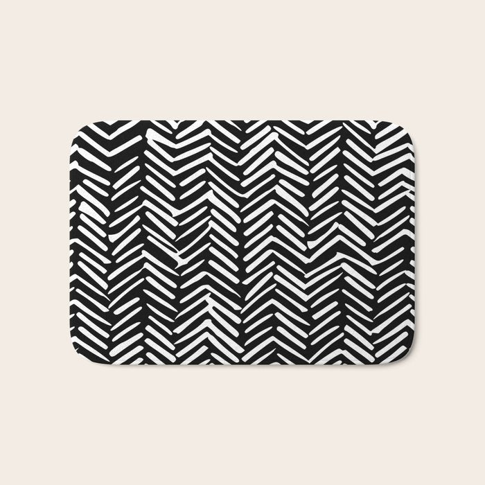 Boho, Herringbone, Geometric Art, Black and White Bath Mat Gallery Image 1