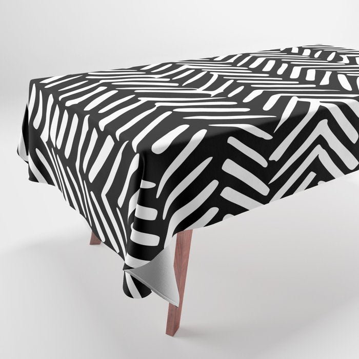 Boho, Herringbone, Geometric Art, Black and White Tablecloth Gallery Image 1