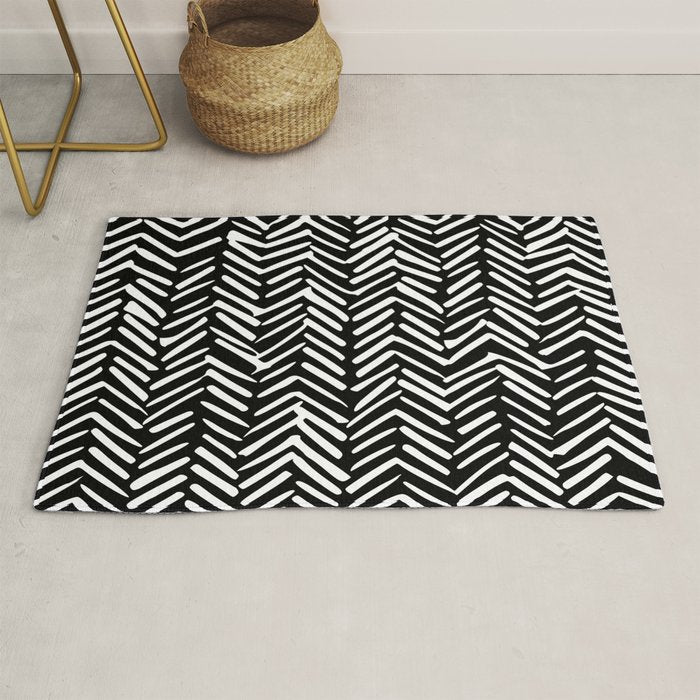 Boho, Herringbone, Geometric Art, Black and White Rug Gallery Image 1