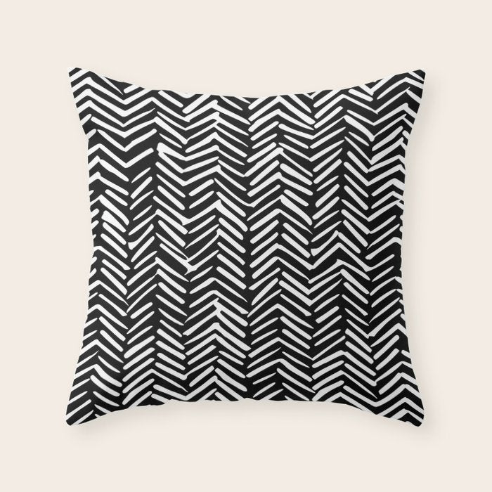 Boho, Herringbone, Geometric Art, Black and White Throw Pillow Gallery Image 6