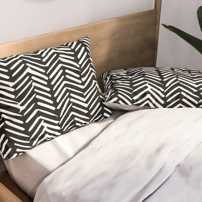 Boho, Herringbone, Geometric Art, Black and White Pillow Sham Gallery Image 2