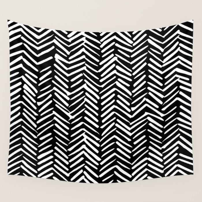 Boho, Herringbone, Geometric Art, Black and White Wall Tapestry Gallery Image 4