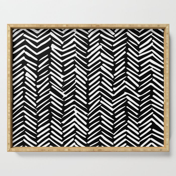 Boho, Herringbone, Geometric Art, Black and White Serving Tray Gallery Image 1
