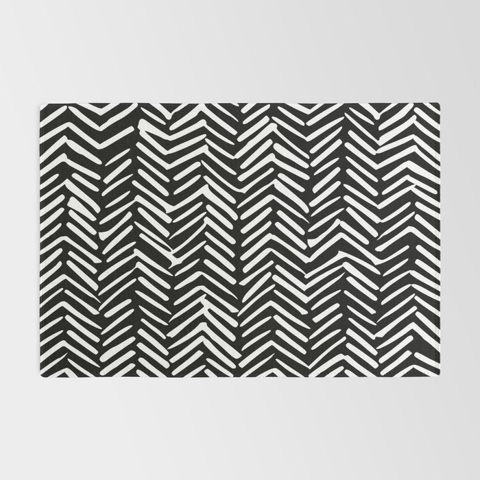 Boho, Herringbone, Geometric Art, Black and White Rug Gallery Image 2