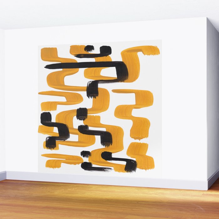 Mid Century Abstract Black & Yellow Fun Pattern 70's Mustard Ripples Lines Retro Style Wall Mural Gallery Image 2