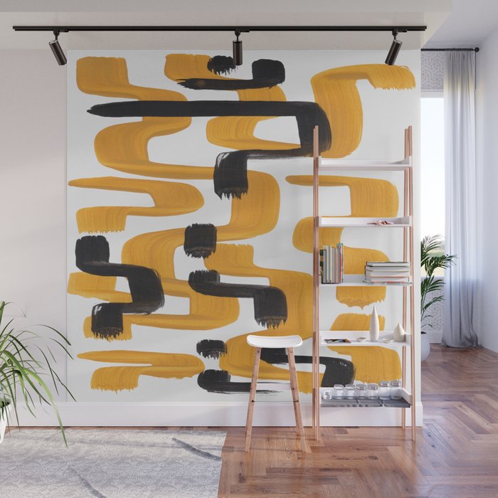 Mid Century Abstract Black & Yellow Fun Pattern 70's Mustard Ripples Lines Retro Style Wall Mural Gallery Image 1