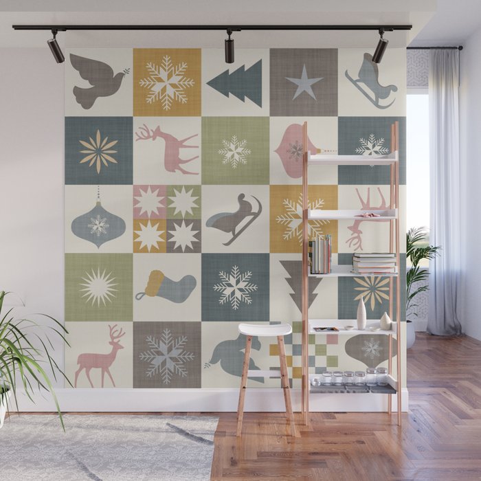 Retro Ditsy Holiday Icon Chequered Pattern - Earthy country style  Wall Mural Gallery Image 1