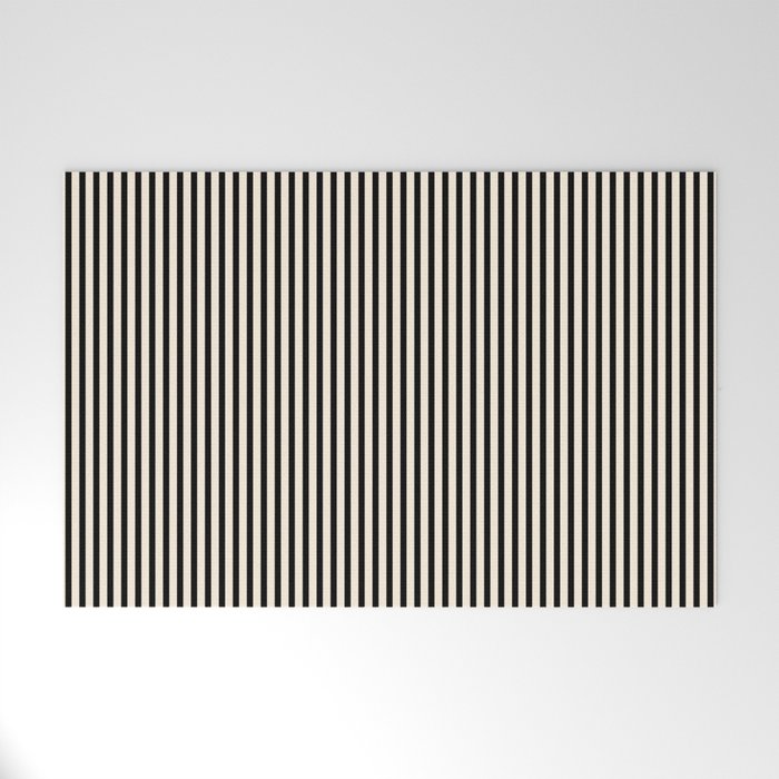 Ultra Fine Stripes Vertical Minimalist Pattern in Black and Almond Cream Welcome Mat Gallery Image 1