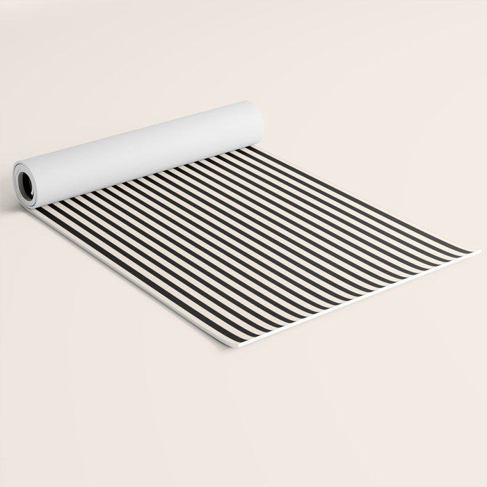 Ultra Fine Stripes Vertical Minimalist Pattern in Black and Almond Cream Yoga Mat Gallery Image 2