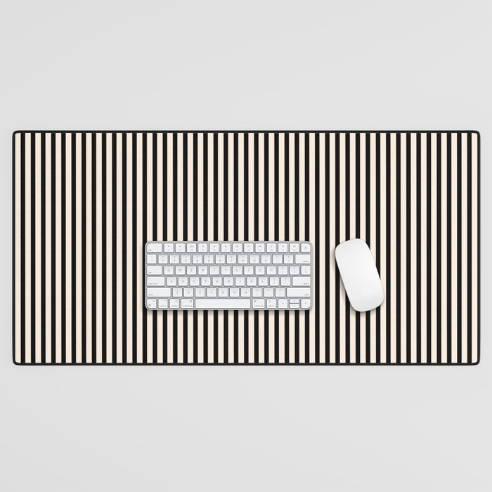 Ultra Fine Stripes Vertical Minimalist Pattern in Black and Almond Cream Desk Mat Gallery Image 1