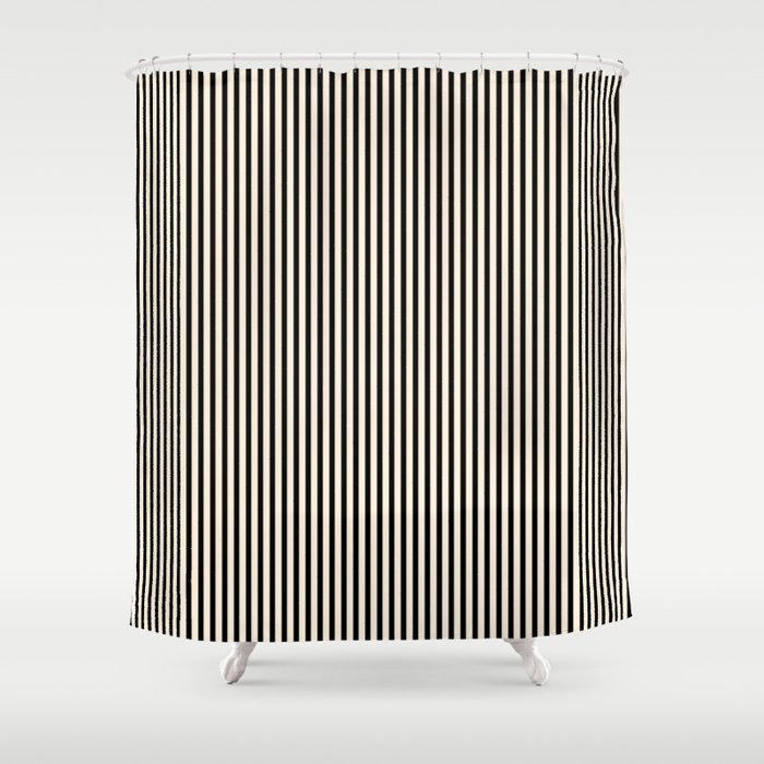 Ultra Fine Stripes Vertical Minimalist Pattern in Black and Almond Cream Shower Curtain Gallery Image 1