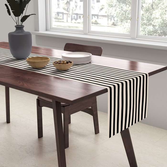 Ultra Fine Stripes Vertical Minimalist Pattern in Black and Almond Cream Table Runner Gallery Image 2