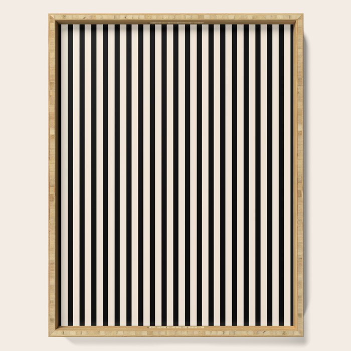 Ultra Fine Stripes Vertical Minimalist Pattern in Black and Almond Cream Serving Tray Gallery Image 1