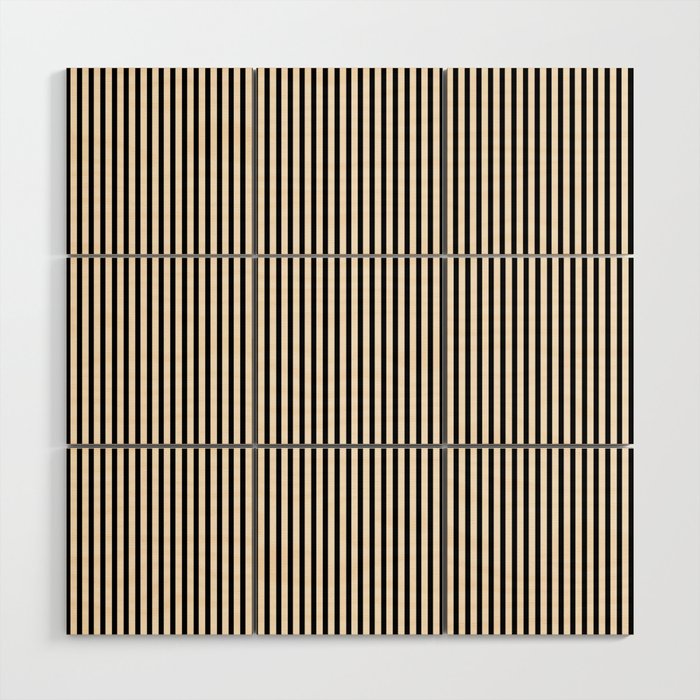 Ultra Fine Stripes Vertical Minimalist Pattern in Black and Almond Cream Wood Wall Art Gallery Image 1