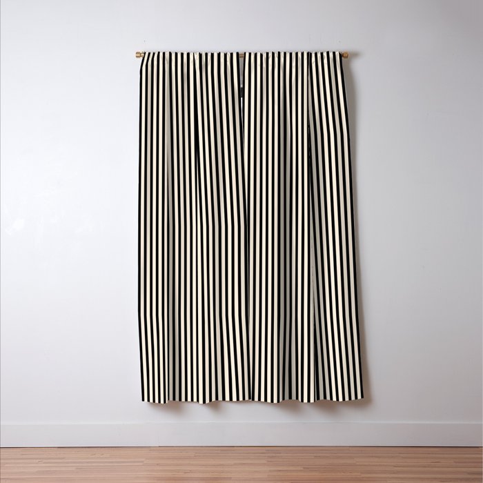 Ultra Fine Stripes Vertical Minimalist Pattern in Black and Almond Cream Window Curtain Gallery Image 3
