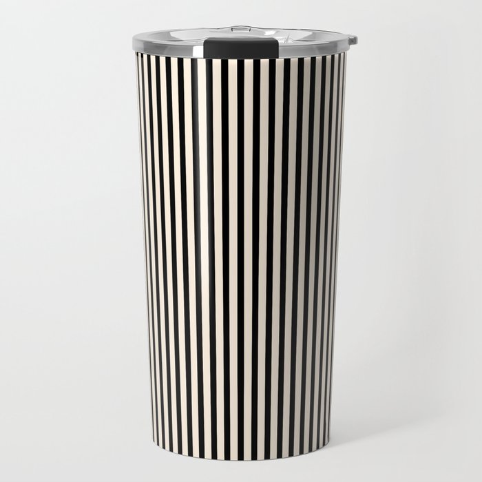 Ultra Fine Stripes Vertical Minimalist Pattern in Black and Almond Cream Travel Mug Gallery Image 1
