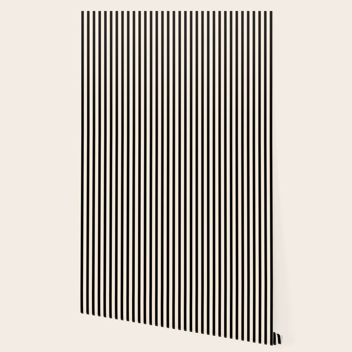 Ultra Fine Stripes Vertical Minimalist Pattern in Black and Almond Cream Wallpaper Gallery Image 2