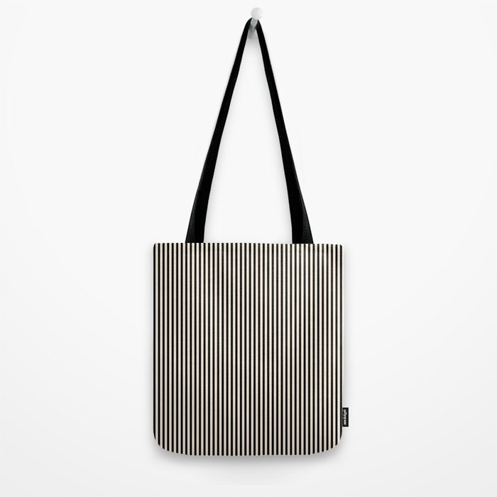 Ultra Fine Stripes Vertical Minimalist Pattern in Black and Almond Cream Tote Bag Gallery Image 2