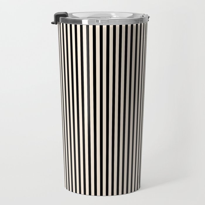 Ultra Fine Stripes Vertical Minimalist Pattern in Black and Almond Cream Travel Mug Gallery Image 3