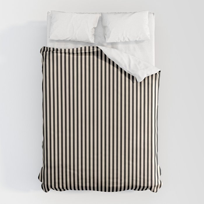 Ultra Fine Stripes Vertical Minimalist Pattern in Black and Almond Cream Duvet Cover Gallery Image 1