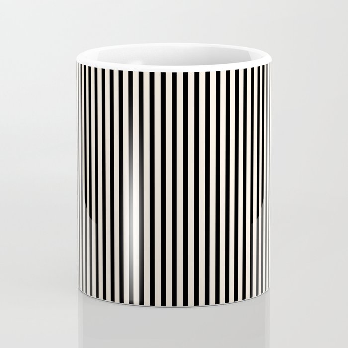 Ultra Fine Stripes Vertical Minimalist Pattern in Black and Almond Cream Coffee Mug Gallery Image 4