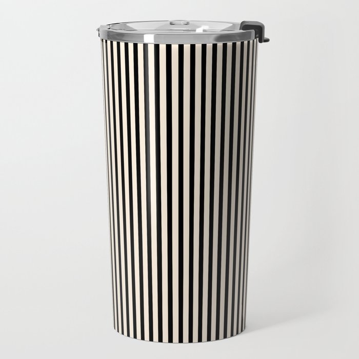 Ultra Fine Stripes Vertical Minimalist Pattern in Black and Almond Cream Travel Mug Gallery Image 2
