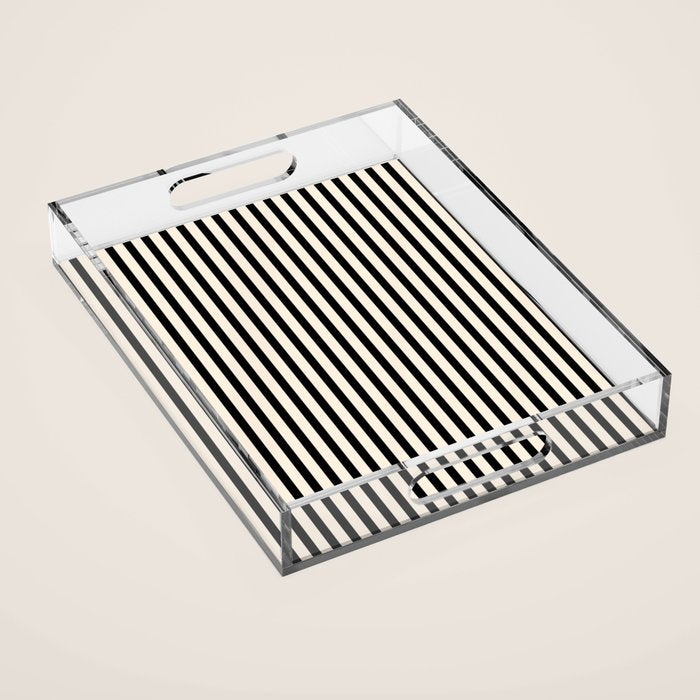Ultra Fine Stripes Vertical Minimalist Pattern in Black and Almond Cream Acrylic Tray Gallery Image 1