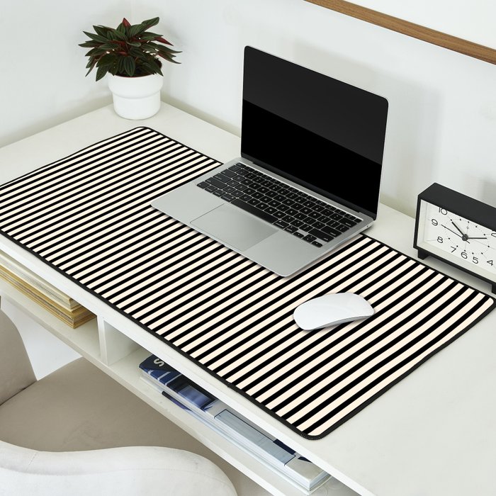 Ultra Fine Stripes Vertical Minimalist Pattern in Black and Almond Cream Desk Mat Gallery Image 2