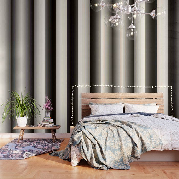 Ultra Fine Stripes Vertical Minimalist Pattern in Black and Almond Cream Wallpaper Gallery Image 3