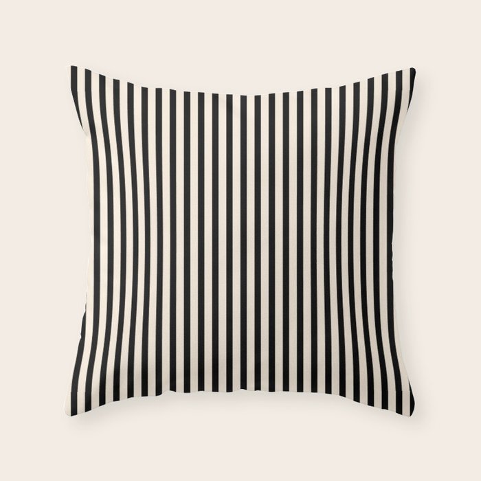 Ultra Fine Stripes Vertical Minimalist Pattern in Black and Almond Cream Throw Pillow Gallery Image 1